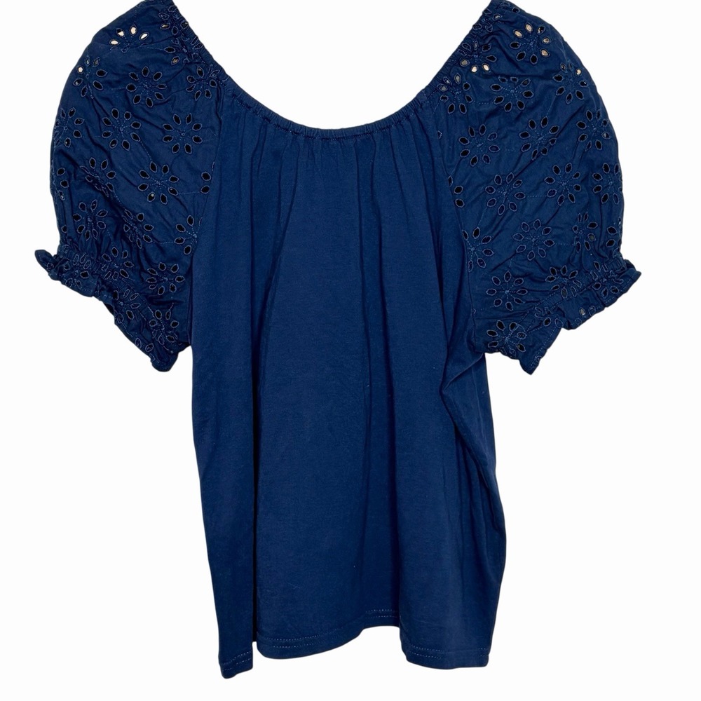 J Crew Eyelet Puff Sleeve Top Navy Womens Size M Nautical Preppy Fisherman